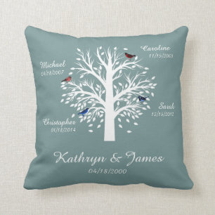 Family Tree, White Tree on Blue w/ Names & Dates Throw Pillow