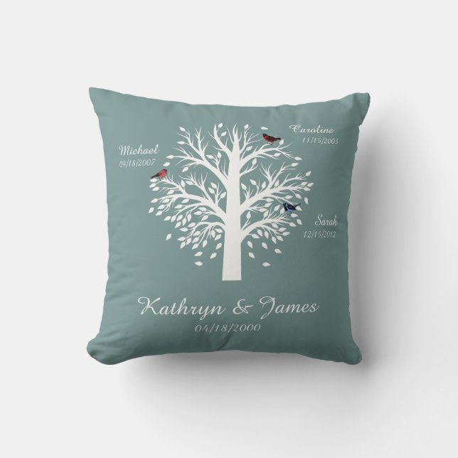 Family Tree, White Tree on Blue w/ Names & Dates Throw Pillow (Front)