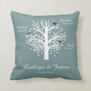 Family Tree, White Tree on Blue w/ Names & Dates Throw Pillow