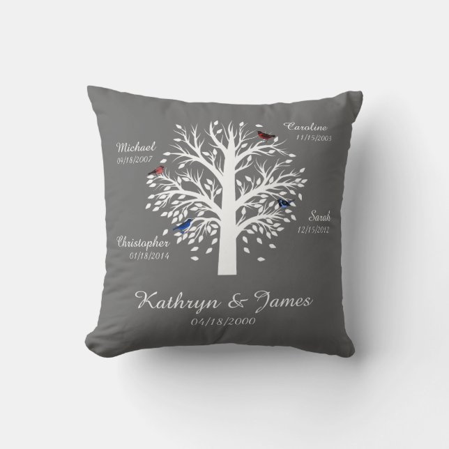 Family Tree, White Tree on Grey  w/ Names & Dates Throw Pillow (Front)