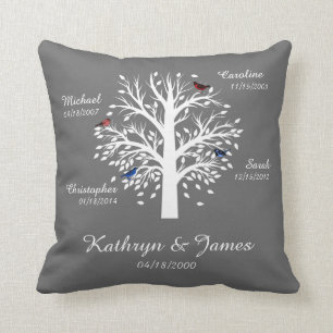 Family Tree, White Tree on Grey w/ Names & Dates Throw Pillow