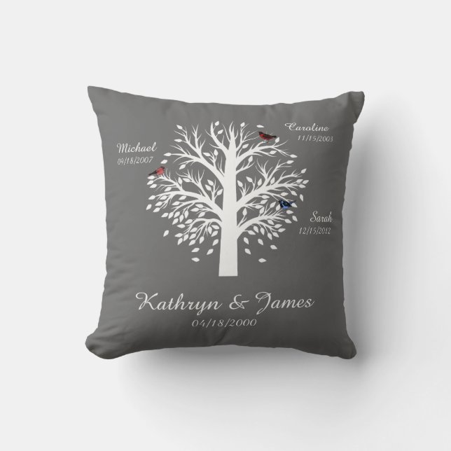 Family Tree, White Tree on Grey w/ Names & Dates Throw Pillow (Front)