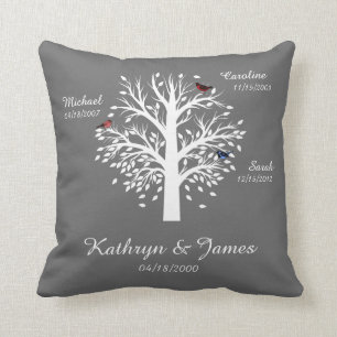 Family Tree, White Tree on Grey w/ Names & Dates Throw Pillow