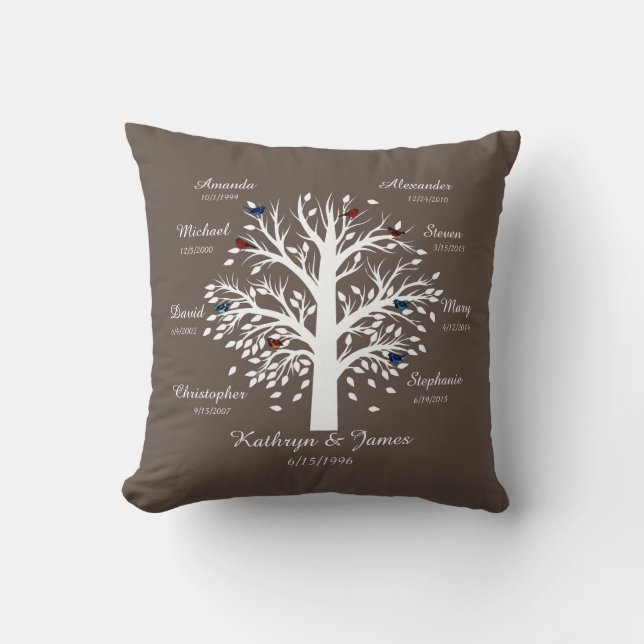 Family Tree, White Tree on Taupe, 8 Names & Dates Throw Pillow (Front)