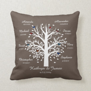 Family Tree, White Tree on Taupe, 8 Names & Dates Throw Pillow