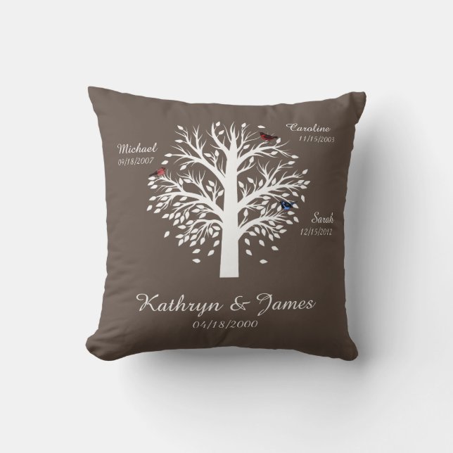 Family Tree, White Tree on Taupe w/ Names & Dates Throw Pillow (Front)