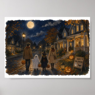 Family Trick or Treating Halloween Night Illustrat Poster