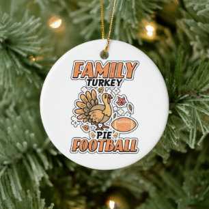 Family Turkey Pie Football Leaf Fall Thanksgiving  Ceramic Ornament