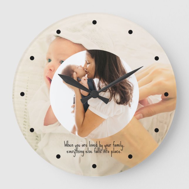 Family Two Photo Collage Simple Round Frame Large Clock (Front)
