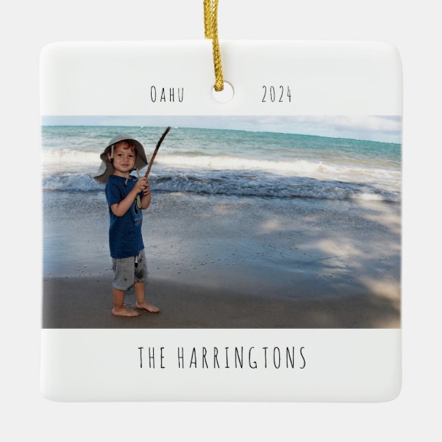Family Vacation Christmas Photo Ceramic Ornament (Front)