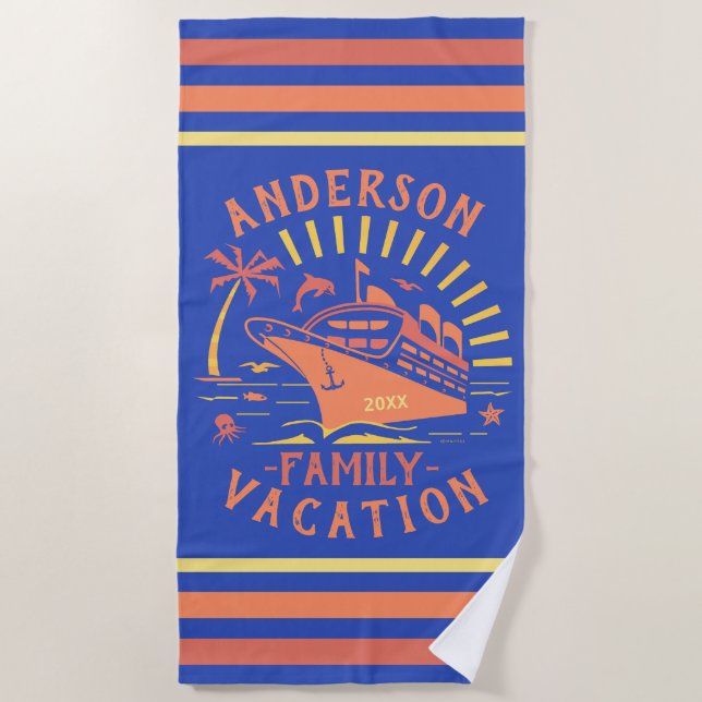 Family Vacation Cruise Ship Trip | Personalized v2 Beach Towel (Front)