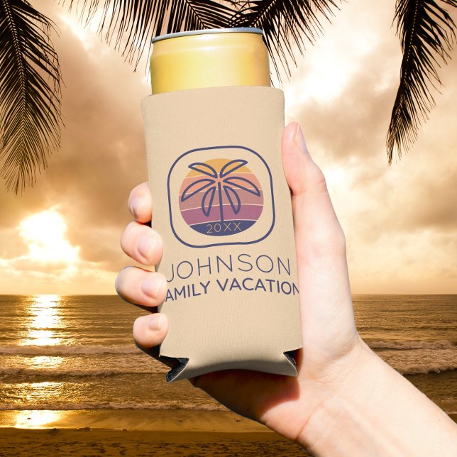 Family Vacation Personalized Palm Tree Seltzer Can Cooler (The perfect personalized seltzer can cooler for your family vacation. )