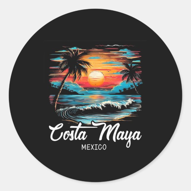 Family Vacation Retro Sunset Mexico Costa Maya  Classic Round Sticker (Front)