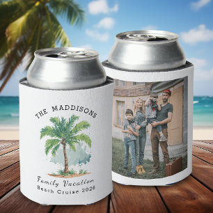 Family Vacation Watercolor Royal Palm Tree & Photo Can Cooler