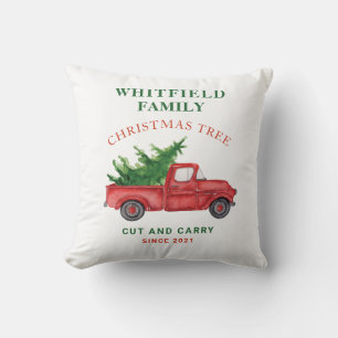 Family Watercolor Red Truck Christmas Holiday Throw Pillow