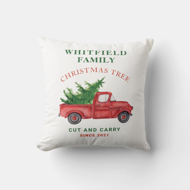 Family Watercolor Red Truck Christmas Holiday Throw Pillow (Front)