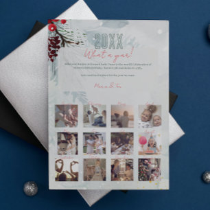 Family What A Year In Review 12 Photo Collage Mint Holiday Postcard