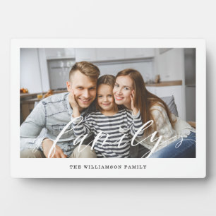 Family White Script Overlay Modern Minimal Photo Plaque