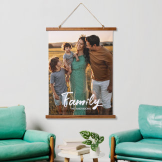 Family White Script Photo Overlay Monogram  Hanging Tapestry