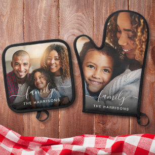 Family White Script Photo Overlay Monogram Oven Mitt & Pot Holder Set