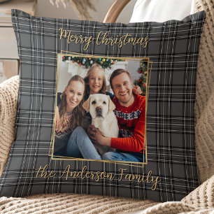 Family Winter Grey Gold Plaid Custom Modern Photo Throw Pillow