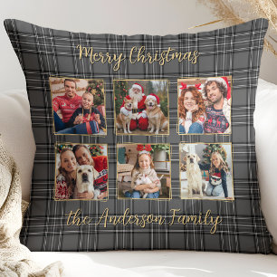 Family Winter Plaid Grey Gold Custom Photo Collage Throw Pillow