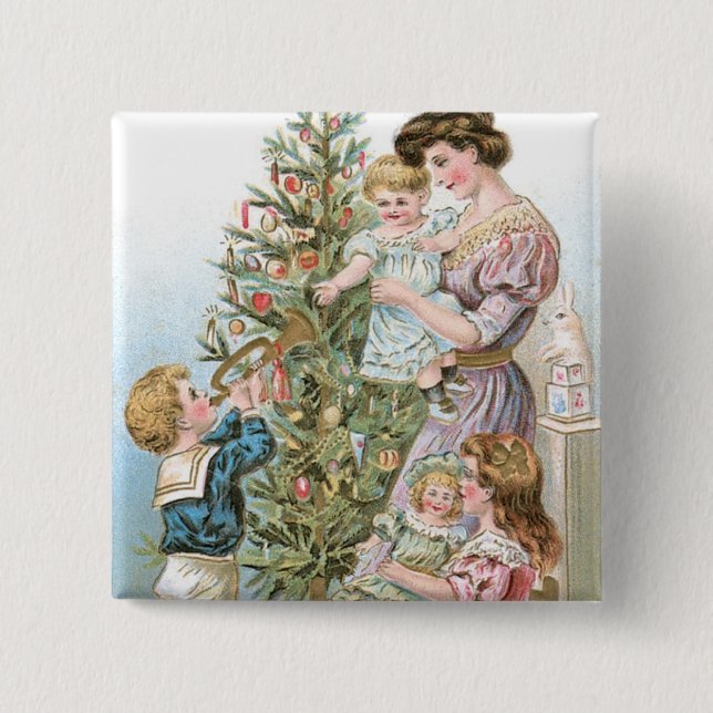 Family with Christmas Tree 2 Inch Square Button (Front)