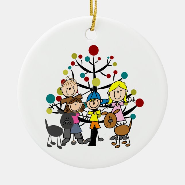 Family With Dogs and Tree Ceramic Ornament (Front)