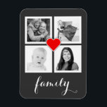Family with Four Photos and Heart Magnet<br><div class="desc">Add 4 of your favourite photographs to this personalized flexi magnet. Four square cropped images are framed nicely in simple white squares, with a small red heart outlined in white in the centre and flowing white handwriting script style text on the bottom that says family. Perfect for instagram photographers. Sample...</div>