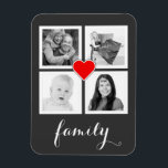 Family with Four Photos and Heart Magnet<br><div class="desc">Add 4 of your favourite photographs to this personalized flexi magnet. Four square cropped images are framed nicely in simple white squares, with a small red heart outlined in white in the centre and flowing white handwriting script style text on the bottom that says family. Perfect for instagram photographers. Sample...</div>