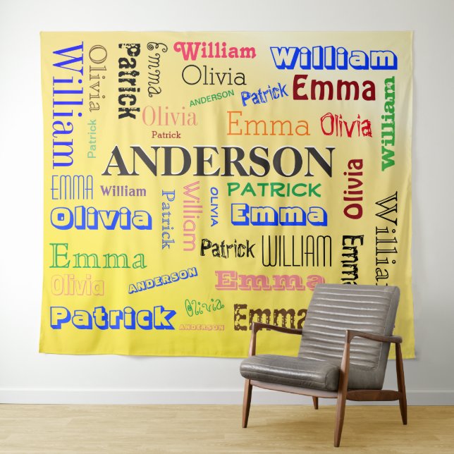 Family Word Cloud Stylized Yellow Background Tapestry (In Situ (Horizontal))