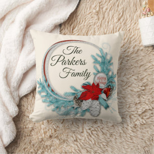 Family Wreath Red Blue Silver Cone Christmas Throw Pillow