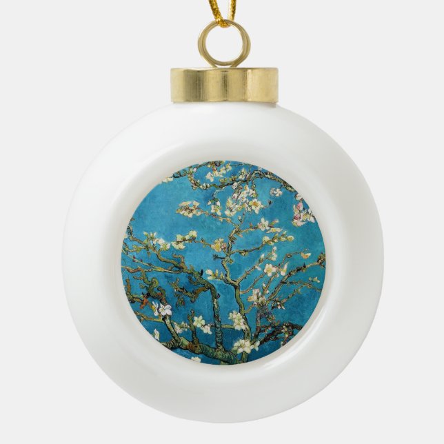 Famous art - Blossoming Almond Tree. Vincent van Ceramic Ball Christmas Ornament (Front)
