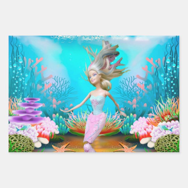 Famous Doll dressed as a Mermaid Wrapping Paper Sheet (Front)