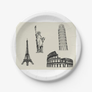 Famous Landmarks Illustration Paper Plate