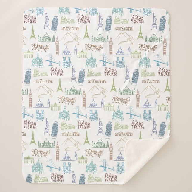 Famous Landmarks Pattern Sherpa Blanket (Front)