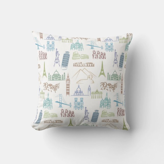 Famous Landmarks Pattern Throw Pillow (Front)