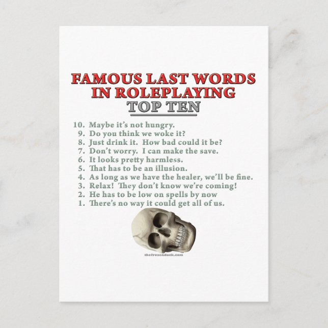 Famous Last Words in Roleplaying: Top Ten Postcard (Front)