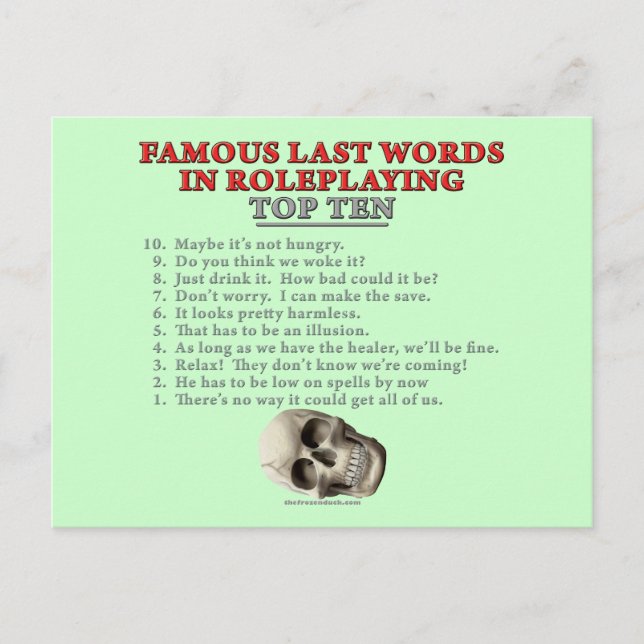 Famous Last Words in Roleplaying: Top Ten Postcard (Front)