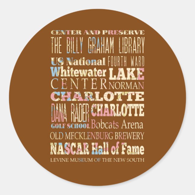 Famous Places of Charlotte, North Carolina. Classic Round Sticker (Front)