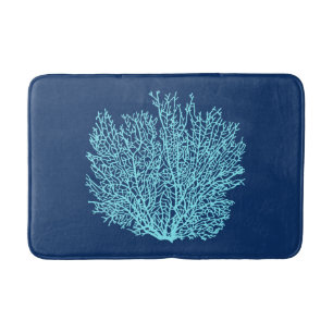 Fan Coral Print, Aqua on Deep Cobalt Blue Bath Mat