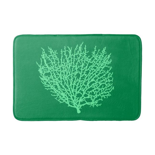 Fan Coral Print, Pale Green on Deep Jade Green   Bath Mat (Front)