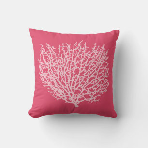 Fan Coral Print, Pale Pink on Deep Coral  Pink Throw Pillow