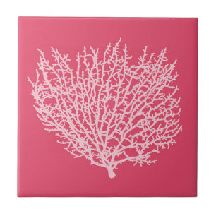 Fan Coral Print, Pale Pink on Deep Coral  Pink Tile