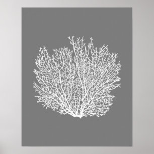 Fan Coral Print, Pale Silver on Medium Gray / Grey Poster