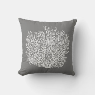 Fan Coral Print, Pale Silver on Medium Grey / Grey Throw Pillow