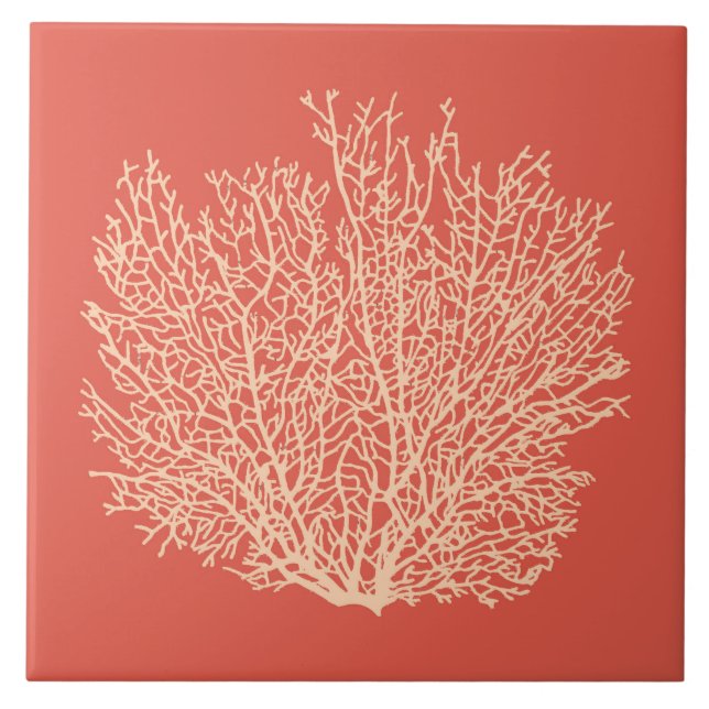 Fan Coral Print, Peach on Deep Coral  Orange Tile (Front)