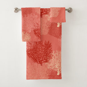 Fan Coral Print, Shades of Coral Orange Bath Towel Set