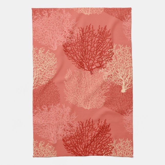 Fan Coral Print, Shades of Coral Orange  Kitchen Towel (Vertical)