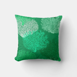 Fan Coral Print, Shades of Jade Green Throw Pillow